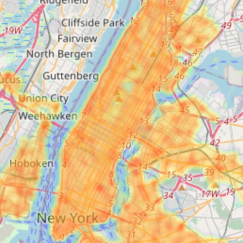 Heat map of delivery activity across Manhattan and northern New Jersey